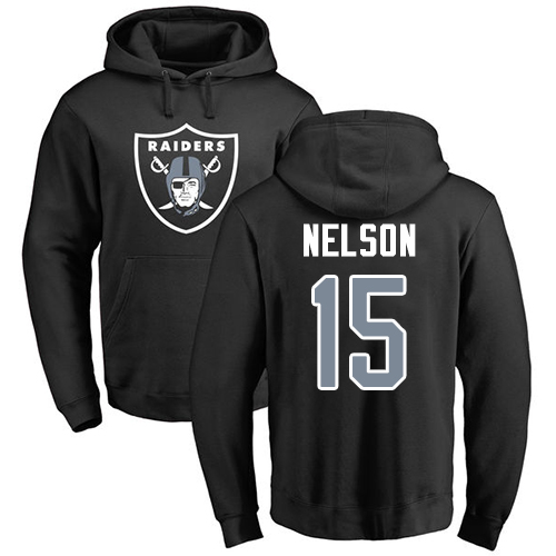 Men Oakland Raiders Black J  J  Nelson Name and Number Logo NFL Football #15 Pullover Hoodie Sweatshirts